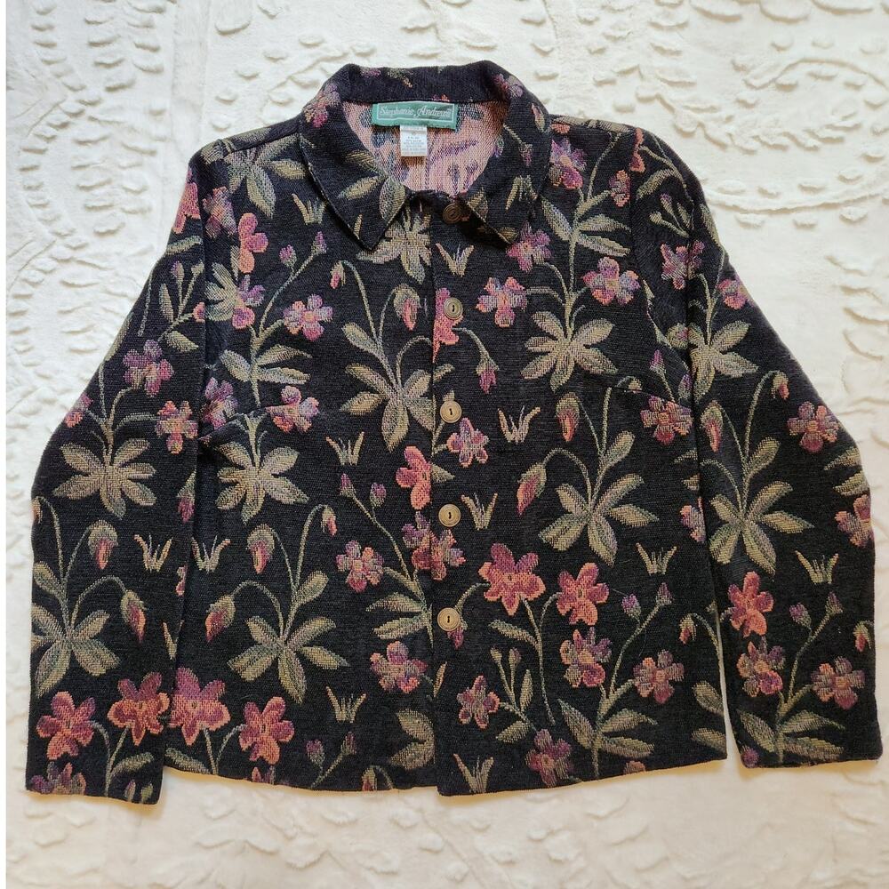 Vintage 90's Stephanie Andrews Tapestry Floral Black Jacket Size 10 Career